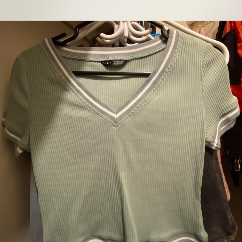 SHEIN Mint Green V-Neck Ribbed Tee